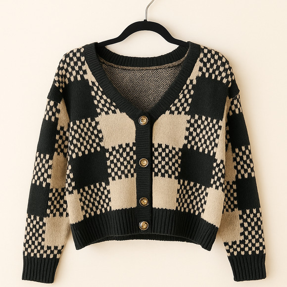 XXL Cropped Checkered Cardigan Y2K Revival Oversized Retro Aesthetic Cozy NWT - Picture 1 of 11